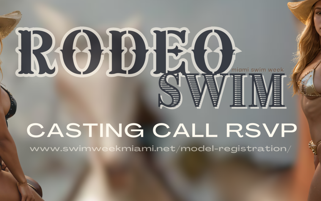 Web banner with Rodeo Swim text logo. Second line: Casting Call RSVP. Third line: www.swimweekmiami.net/model-registration/ printed on image. On the left looking at the camera is a model on her knees side profile back to camera. On the right is a model looking at camera, body facing left. Promo shot.