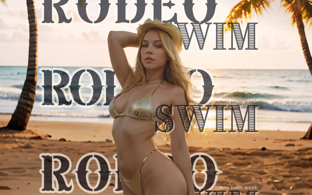 beach at sunset with the waves coming in toward the point of view. young blonde bikini model in a gold bikini facing camera blonde hair gently blown back against the breeze. Palm trees and sand complete the setting. Model has elbow raised and hand behind her head. one arm hanging alongside her body. printed words read: Rode Swim miami swim week and www.swimweekmiami.net