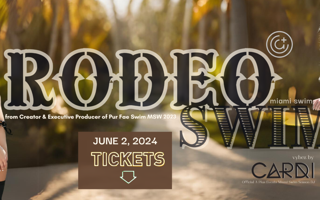 RODEO SWIM HEADER. JUNE 2, 2024 TICKETS WITH ARROW POINTING DOWN