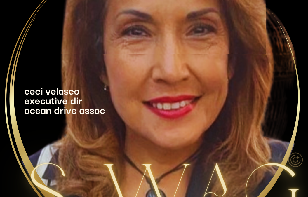 woman centered in gold ring on black background s[w]wag gold letters across bottom. to her left reads: ceci velasco exex director ocean drive association underneath circle is event date july 6 2024 and vybez by dj cardi